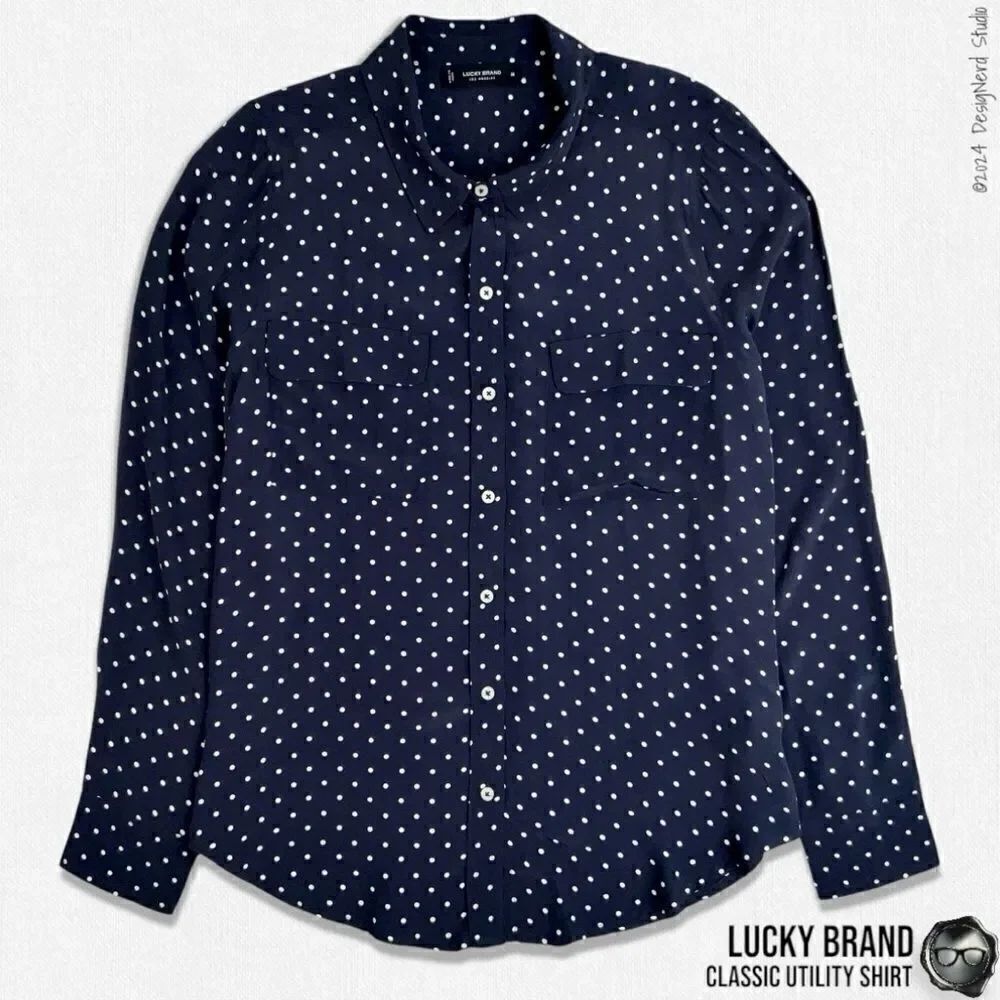 LUCKY BRAND CLASSIC UTILITY BUTTON DOWN SHIRT IN NAVY WHITE DOTS WOMEN’S SIZE M